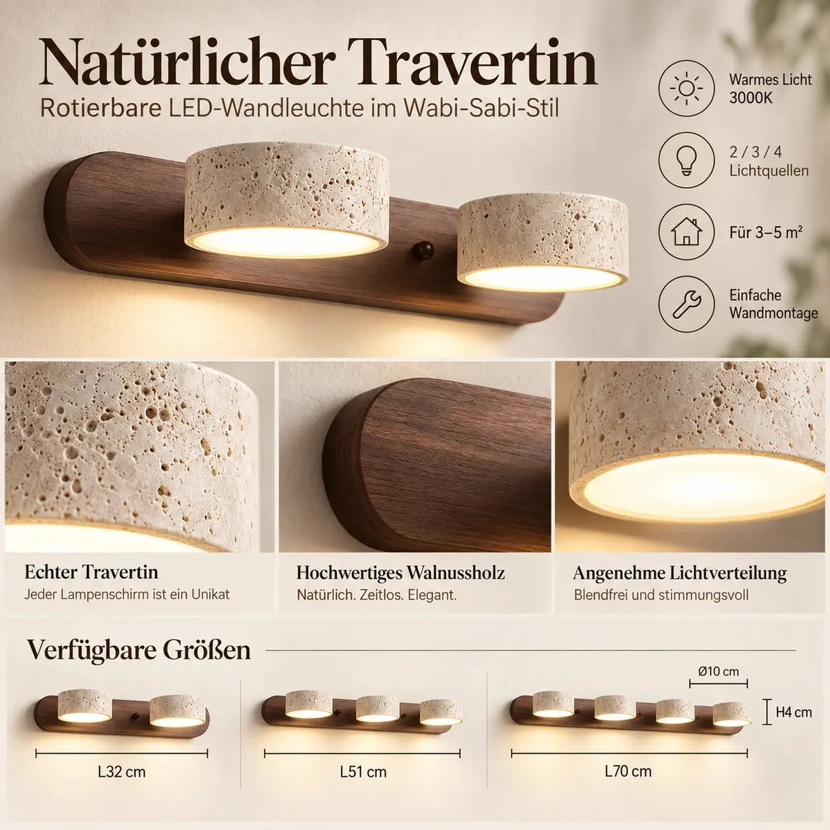 LED Wandleuchte Spiegelleuchte Naturstein beige-braun (Trevarosa), in verschiedenen Größen