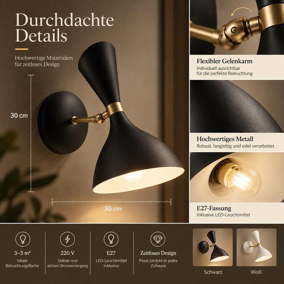 Wandleuchte Retro Schwenkarm schwarz (Corvellin), Maße und technische Details
