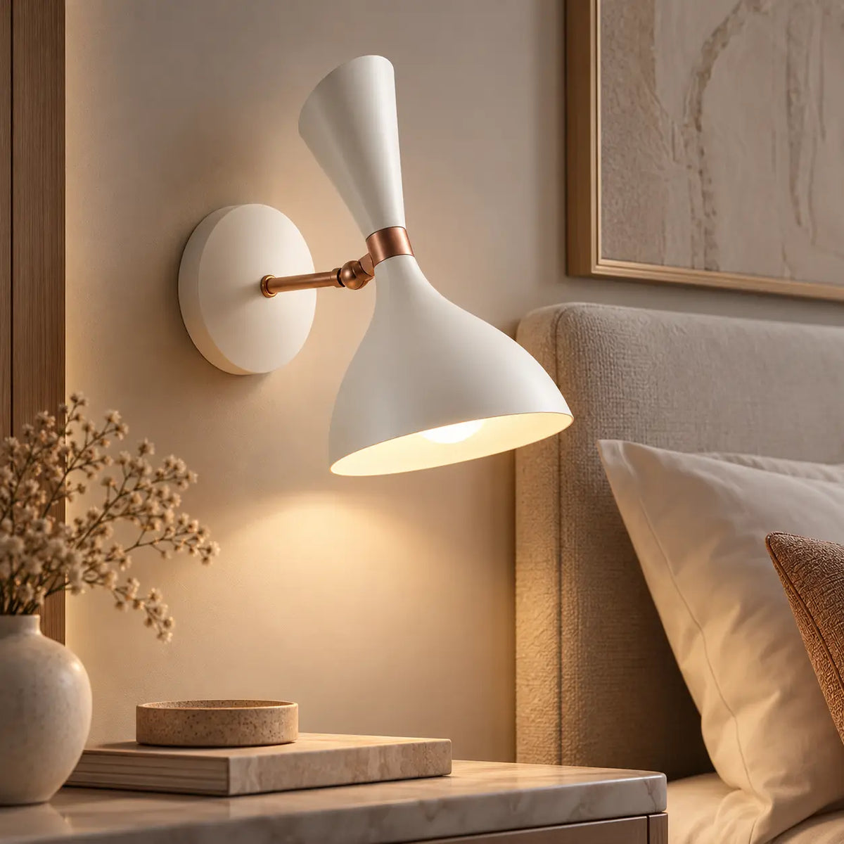 Wandleuchte Retro Schwenkarm weiß (Palenora), im Schlafzimmer neben dem Bett