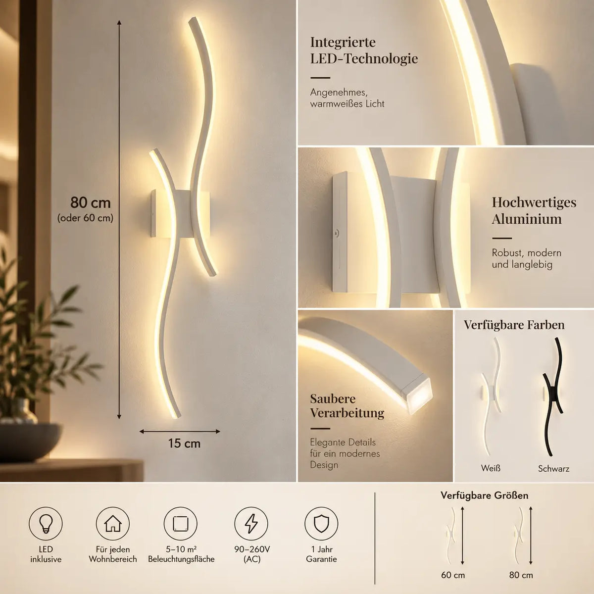 LED Wandleuchte Wellenform weiß (Zephranio), Maße und technische Details