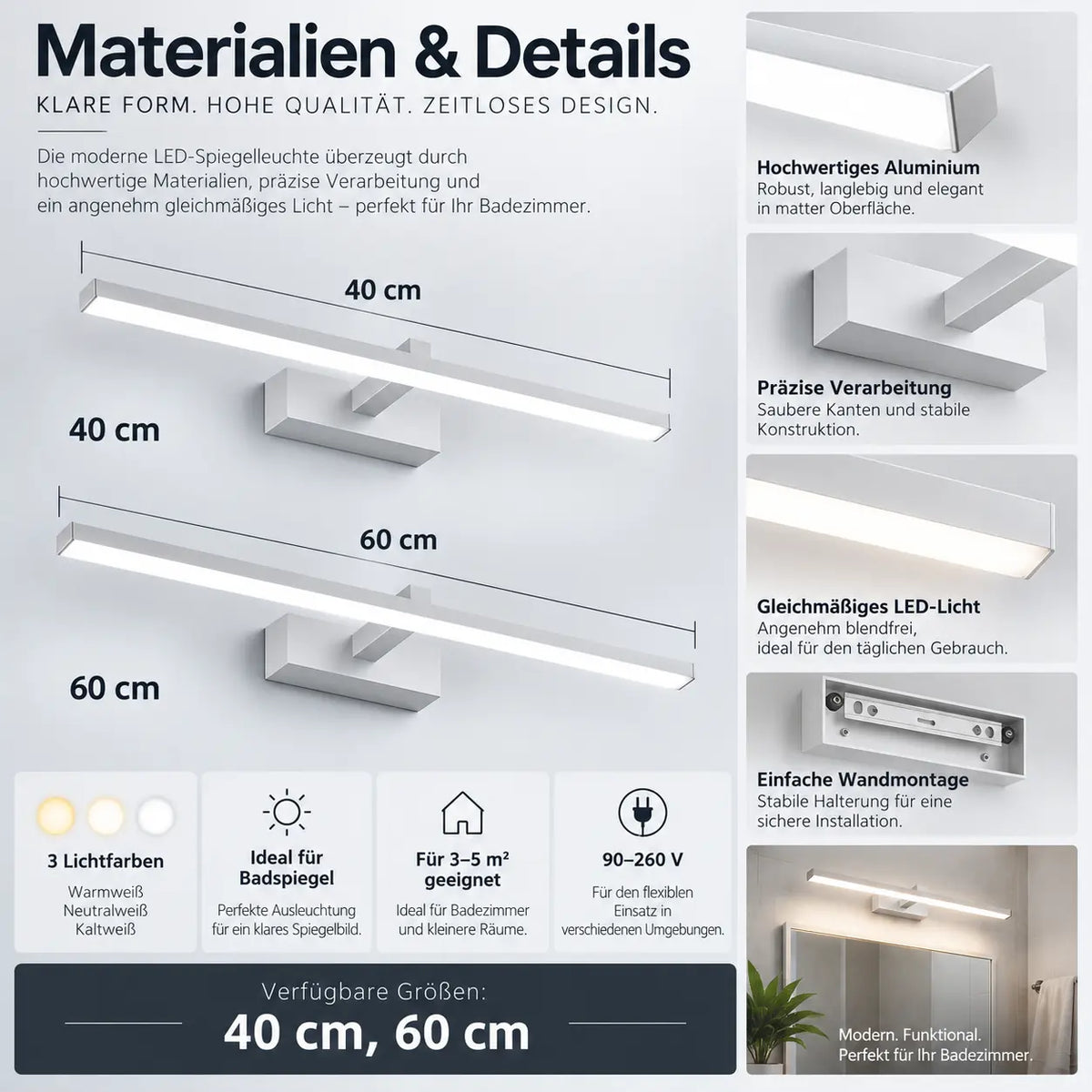 LED Wandleuchte Spiegelleuchte weiß (Alvenio), Maße und technische Details