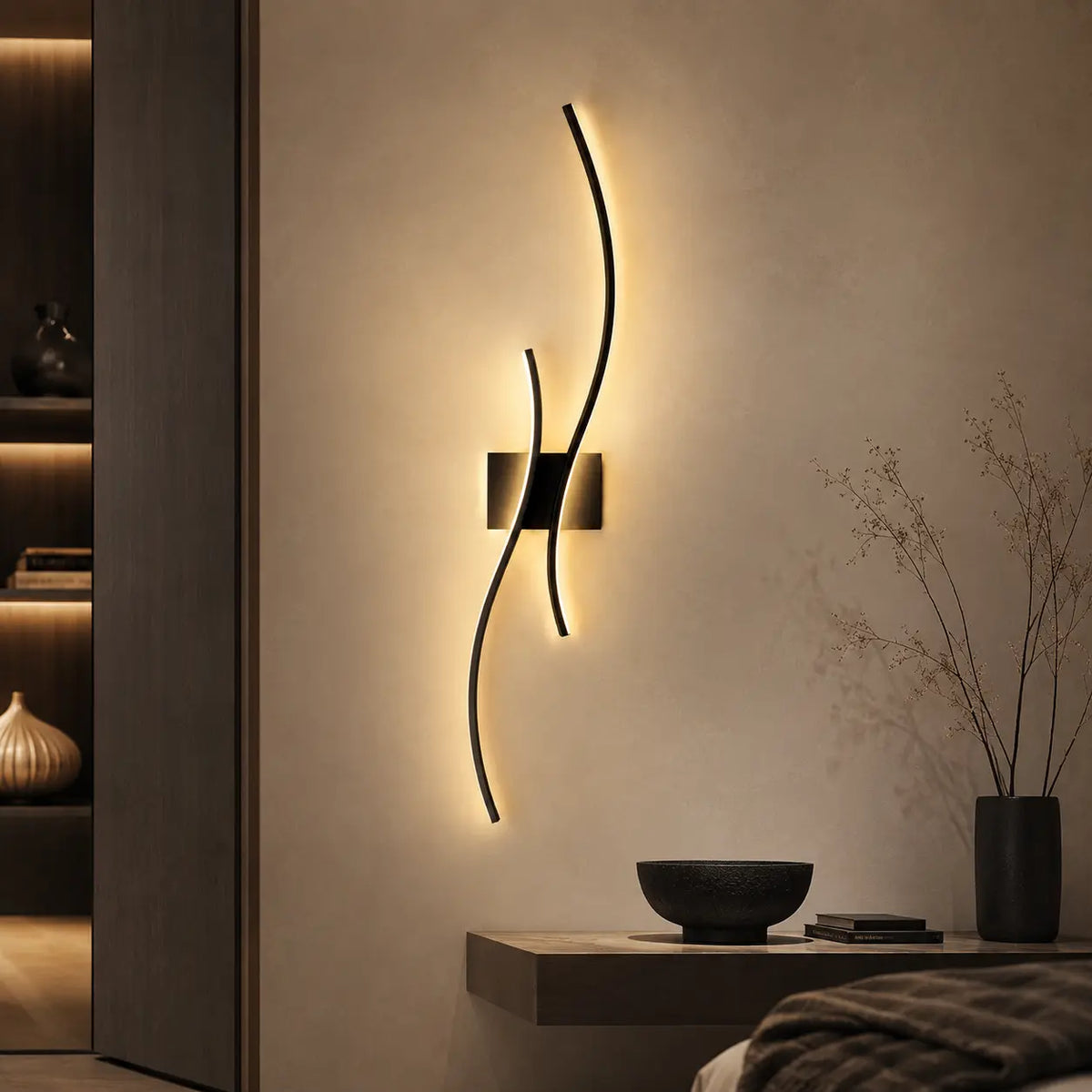 LED Wandleuchte Wellenform schwarz (Kordevan), im Schlafzimmer neben dem Bett