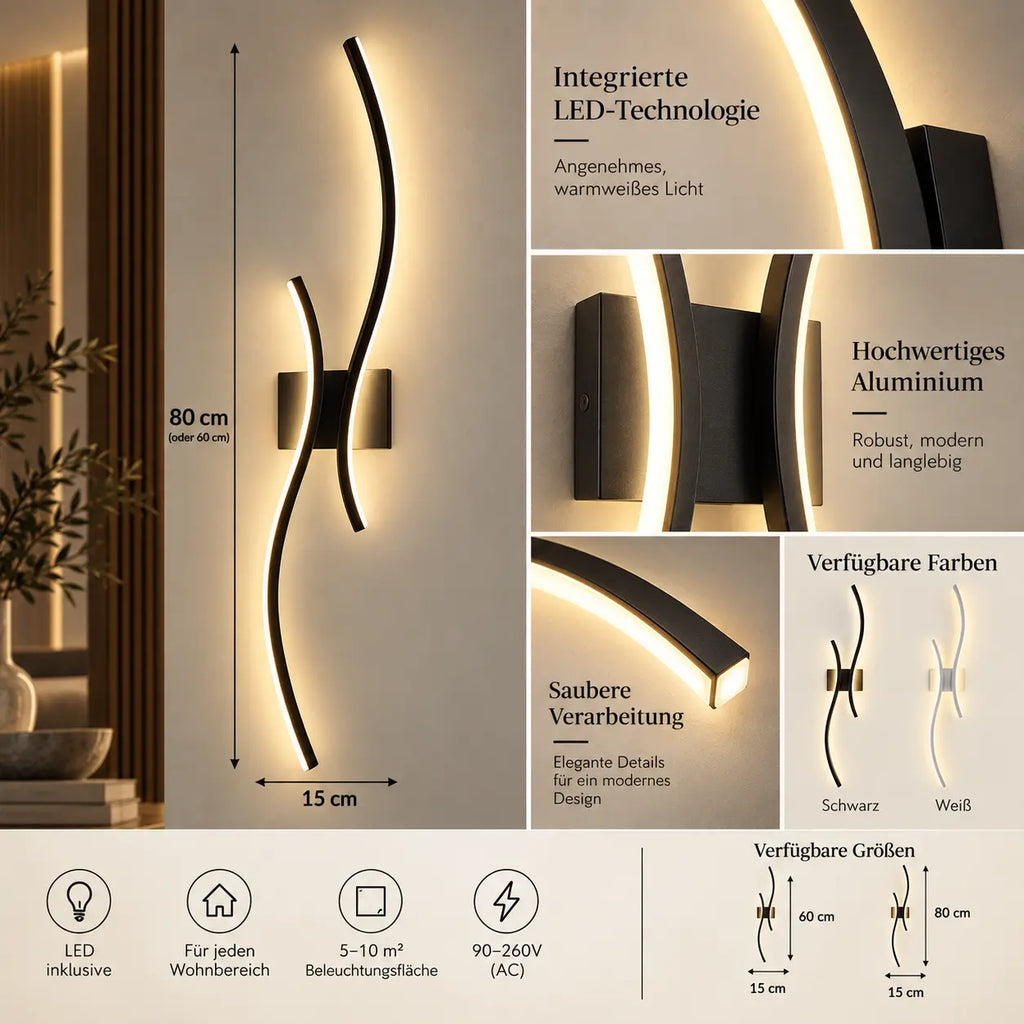 LED Wandleuchte Wellenform schwarz (Kordevan), Maße und technische Details